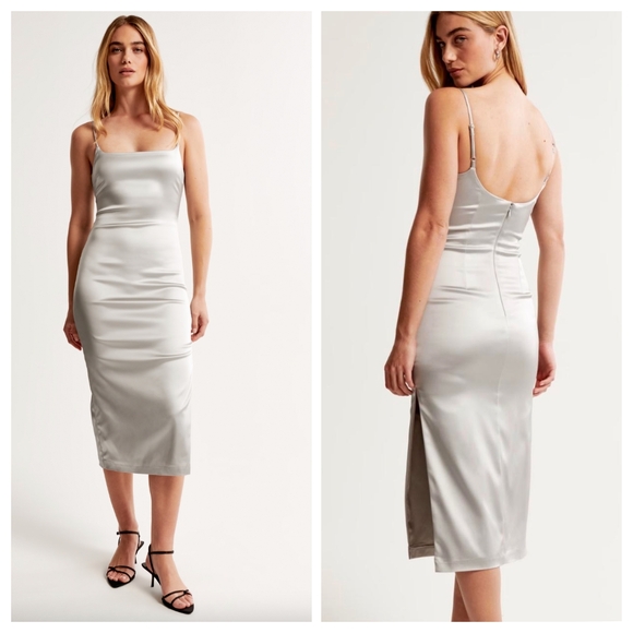 NWT Abercrombie & Fitch Stretch Satin Column Silver Midi Dress - Picture 1 of 7